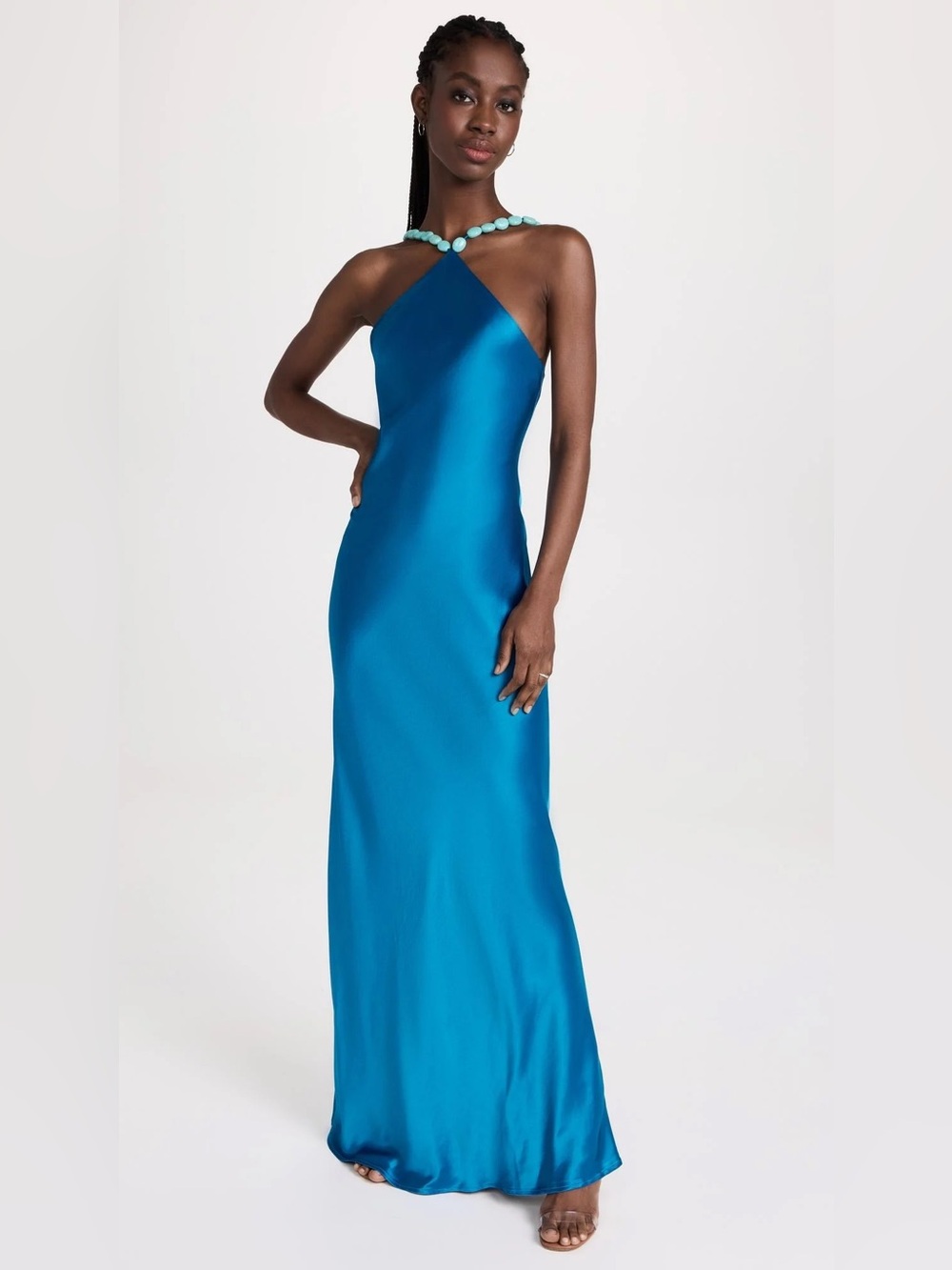 STAUD
Cadence Halter Maxi Dress Turquoise & Satin Gown in Blue
